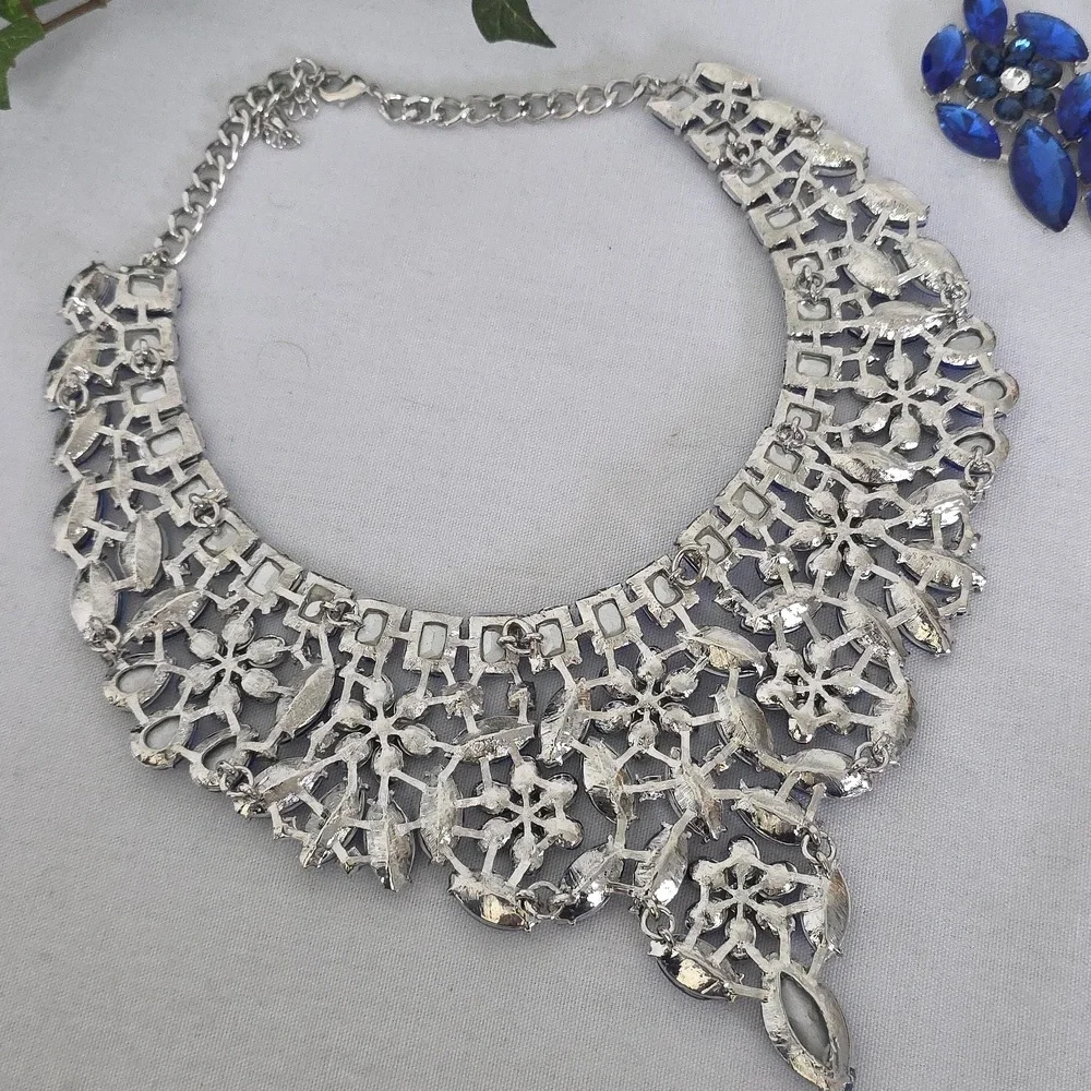 Statement Silver with Blue Crystal Stones Necklace and Matching Earrings Set